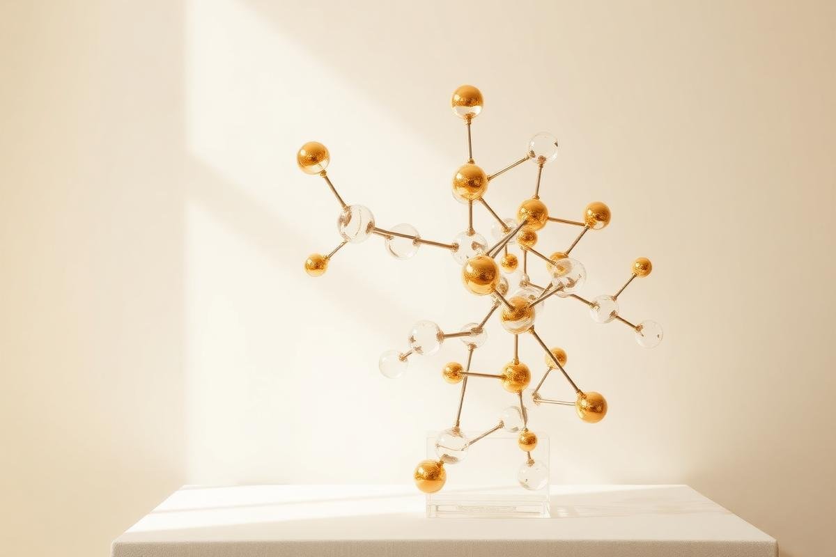 Abstract glass and gold molecular sculpture on an ivory background