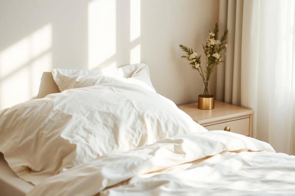 Calm bedroom with ivory linen and soft morning light